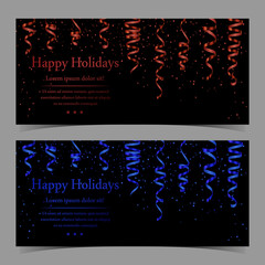 Vector red and blue serpentine, ribbon red and blue dust confetti isolated on black background. Christmas card, holiday design, decor. Vector illustration.