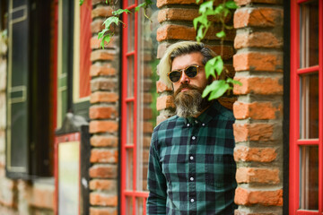 Cool guy. Bearded man checkered shirt. Hipster dyed hair and beard. Hairdresser and barbershop. Brutal male with blond hair irish architecture background. Man casual fashion. Hipster in sunglasses