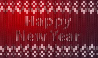 Happy New Year poster. Banner with pattern. Christmas design, decor. Knitted background. Vector illustration.