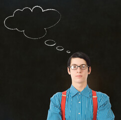 Nerd geek businessman thinking chalk cloud blackboard background