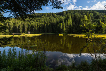 Fototapeta na wymiar beautiful mountain lake with reflection while hiking in the nature