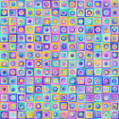 Geometric Universal Abstract Colorful Gradient Seamless Pattern of Pastel Square and Circles.