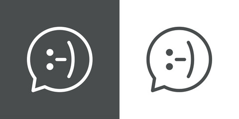 Alegría. Logotipo lineal círculo burbuja de habla con tipografía como cara con sonrisa en fondo gris y fondo blanco