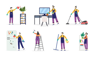 Naklejka premium Men and women busy with domestic chores, flat vector illustration isolated.