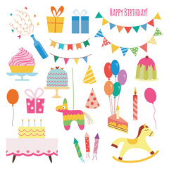 Set Birthday objects and decorative elements, flat vector illustration isolated.