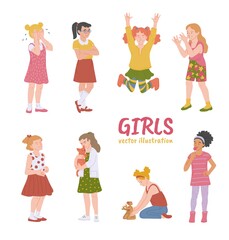 Set of little girls with various emotions flat vector illustration isolated.