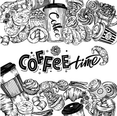 
Raster illustration. Doodle style, line style. Postcards with coffee and pastries. Illustrations of coffee, donuts, cookies. Cover for the coffee shop menu.