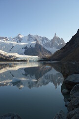 Hiking around the icy glacial lakes of El Chalten, Laguna de los Tres and Fit Roy Mountains in Patagonia, Argentina
