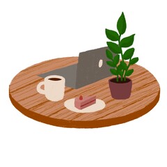 working home, at home on table, work with cup of coffee, freelancer, work place, self-isolation, cozy breakfast