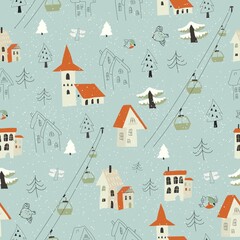Seamless pattern with village in the forest on a background of mountains