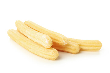 Tasty sweet churros isolated on white background