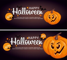Halloween banner template with pumpkins, discounts and lettering. Vector illustration.
