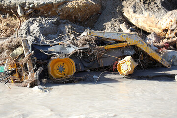 Destroyed Tractor In River - obrazy, fototapety, plakaty