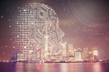 Brain hologram drawing on city scape background Double exposure. Brainstorming concept.