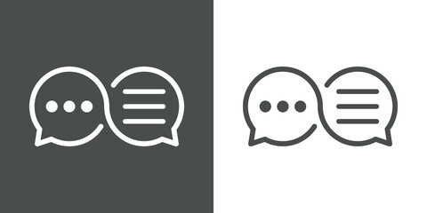 Concepto conversación. Logotipo lineal burbuja de habla como símbolo infinito con líneas y puntos en fondo gris y fondo blanco © teracreonte