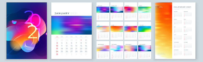 Calendar Template for 2021 Year. Planner Wall or Desk Calendar Template Layout Design with Place for Photo. Set of 12 Months starts on January, Week Starts on Sunday. A4 or A5 format, vector