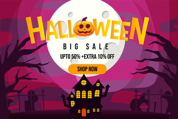 Halloween Big Sale Promotion Background with Castle and spooky forest on a full moon night