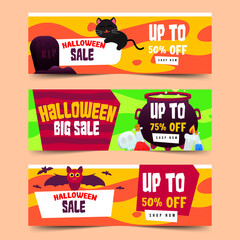 Set Of Halloween Sale and Big sale with Cute Black Cat, Flying Bats, Cauldron