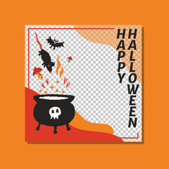 Happy Halloween mysterious party promo sale social media banner template with magic elements. cauldron with potion, poisonous mushroom, rat, bat. Poster, banner, special offer with transparent part