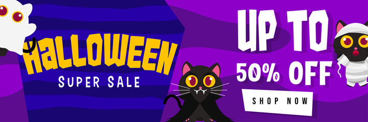 Happy Halloween Promo Sale Banner with cute black cat use vampire, ghost and mummy costume. can use for Poster, Banner, Special Offer, Discount