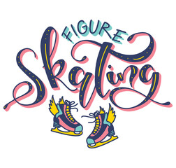 Figure skating colored lettering, vector illustration with text and multicolored doodle ice skates. Fun calligraphy for posters, photo overlays, greeting card, t-shirt print and social media.