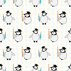 Cute vector Kawaii penguin chicks with scholar hats,pencils, on notebook textured white backdrop. Geometric cartoon emperor baby seamless pattern background. Fun all over print for school concept