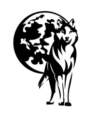 wild wolf standing by full moon disk black and white vector outline