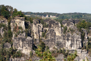 Fototapeta na wymiar Rocks landscape of the Bastei rocks in Rathen. Saxon Switzerland. Saxony. Germany