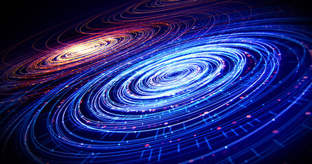 Abstract Circle Shapes Digital Lines Flowing. Creative Background 3D Illustration Render. Shiny Glowing Shapes With Particle Effects. 3D Illustration Render - obrazy, fototapety, plakaty