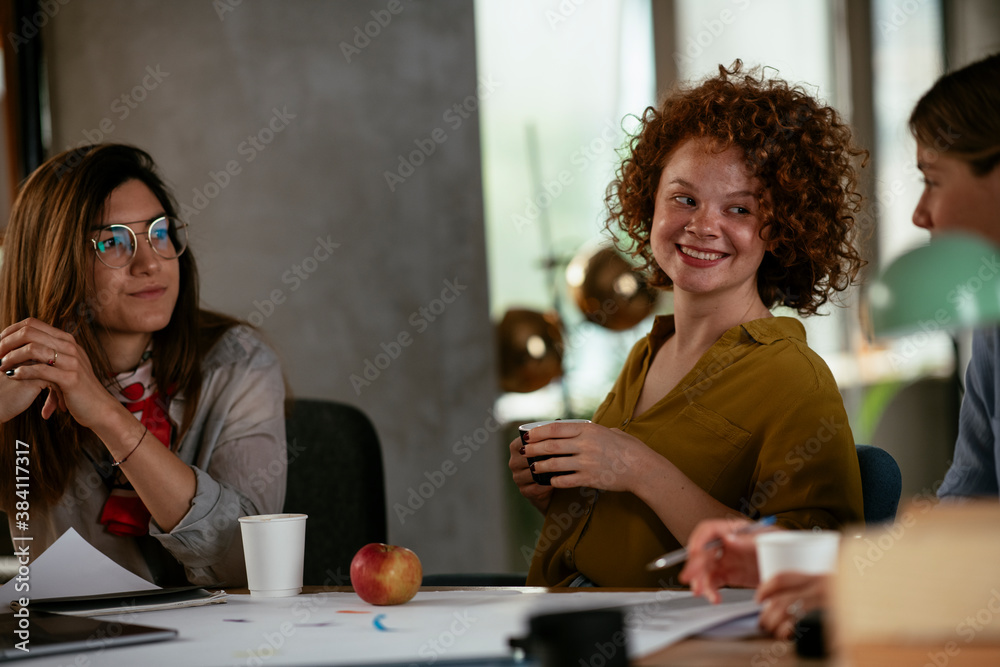 Canvas Prints Businesswomen working on a new project. Colleagues discussing work in office