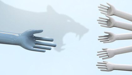 Business Shake hands Concept and Shadow Scams on blue Background  - 3d rendering