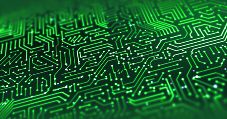 High Tech Electronic Circuit Board. Electrical Signals Flowing. Computer And Technology Related 3D Illustration Render