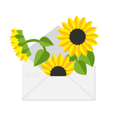 A bouquet of sunflowers in an envelope. Vector greeting card. Illustration in flat style.	
