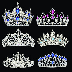 Vector illustration of a fashion collection of jewelry tiaras with diamonds