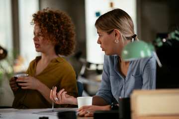 Businesswomen working on a new project. Colleagues discussing work in office