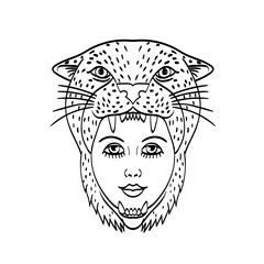 Amazon Warrior Wearing a Jaguar Headdress Tattoo Style Black and White