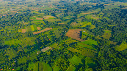 Fototapeta premium Aerial view of over green landscape