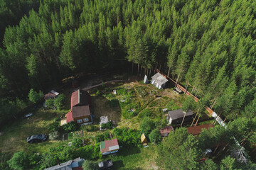 Aerial Townscape of Suburban Village Kolvica located in Northwestern Russia on the Kola Peninsula Kandalaksha Area