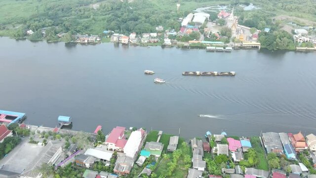 Bird's eye view Panorama, large river flows through the city, aerial view drone shot.