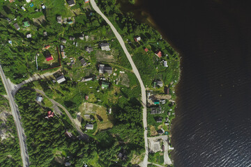 Aerial Townscape of Suburban Village Kolvica located in Northwestern Russia on the Kola Peninsula Kandalaksha Area