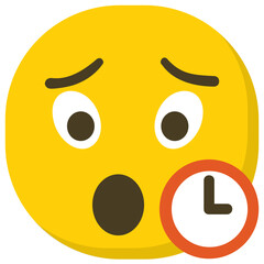 
Open mouth emoji with clock, waiting emoji flat icon 
