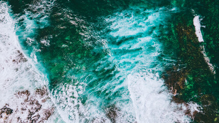 Aerial of waves and reefs, Oahu, Hawaii