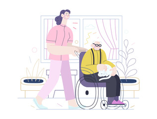 Medical insurance - senior home support - modern flat vector concept digital illustration -a nurse rolling a wheel chair with a senior patient at his home. Home medical service, part of insurance plan
