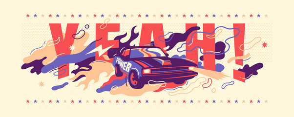 Conceptual lifestyle illustration with muscle car, typography and abstract elements. Vector illustration.
