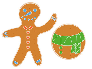 Christmas gingerbread cookies in the shape of a man decorated colored icing.