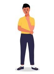 young man with a sad face combs his throat with one hand Atopic dermatitis, eczema, allergies. Dry skin, redness and irritation. Cartoon