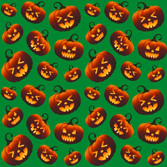 Halloween Spooky Different Orange Gradient Pumpkins Green Seamless Pattern