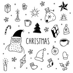 Hand drawn Set of Christmas design elements. Cup with hot drink, Santa, hat, sock, present, candle with light. Isolated on white background