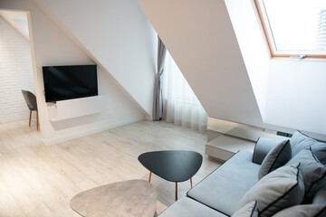 Modern design home interior of studio living room and kitchen in mansard with sofa and elegant...