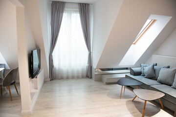 Modern design home interior of studio living room and kitchen in mansard with sofa and elegant...